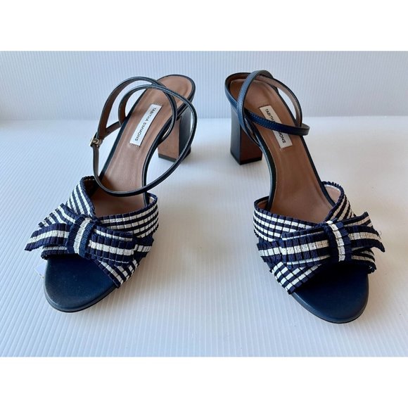 Tabitha Simmons Blue & White Stripe Strappy Block Heel Sandal Sz10 (US) 40 (IT) - Picture 1 of 11